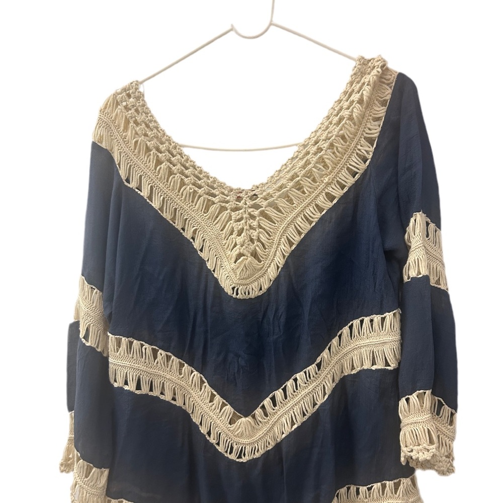 Elegant Navy and Cream Crochet Blouse